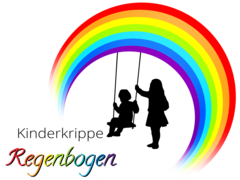 Das Bild zeigt das Logo der Kinderkrippe "Regenbogen" in Velden mit einem stilisierten Regenbogen, einem schaukelnden Kind und einer weiblichen Person, die das Kind anschubst. Außerdem ist der Schriftzug Kinderkrippe Regenbogen enthalten.